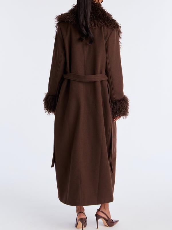 Chocolate Faux Fur Trim Brown Long Coat