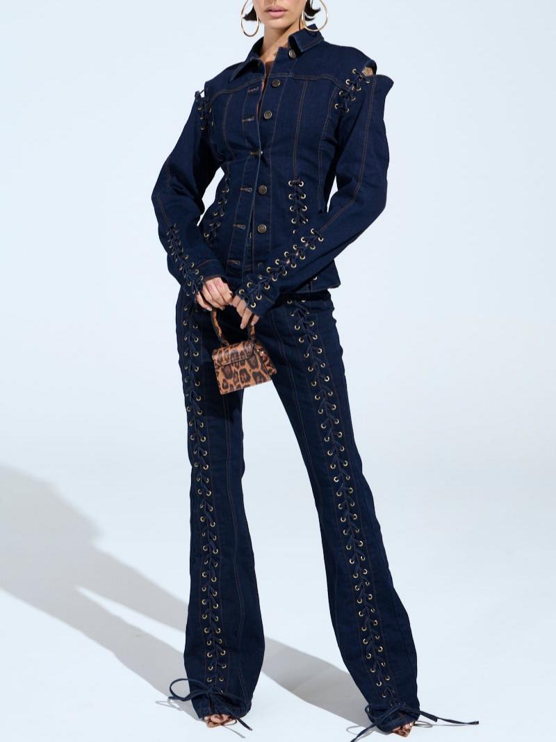 Dark Blue Denim Lace-Up Jacket & Flared Pants Set