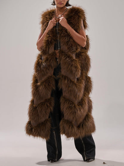Longline Brown Paneled Fur Vest