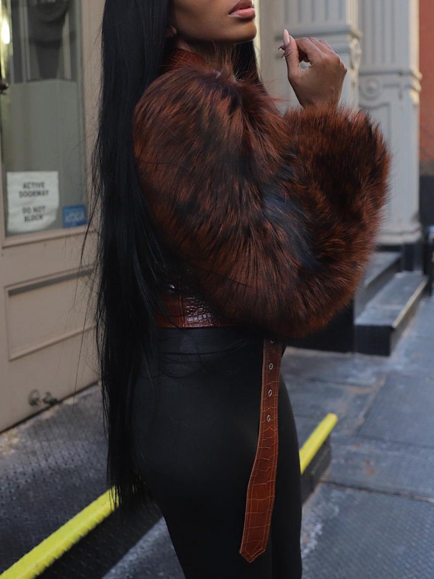 Luxury Chestnut Crocodile-Effect Leather Fluffy Fur Sleeves Moto Jacket