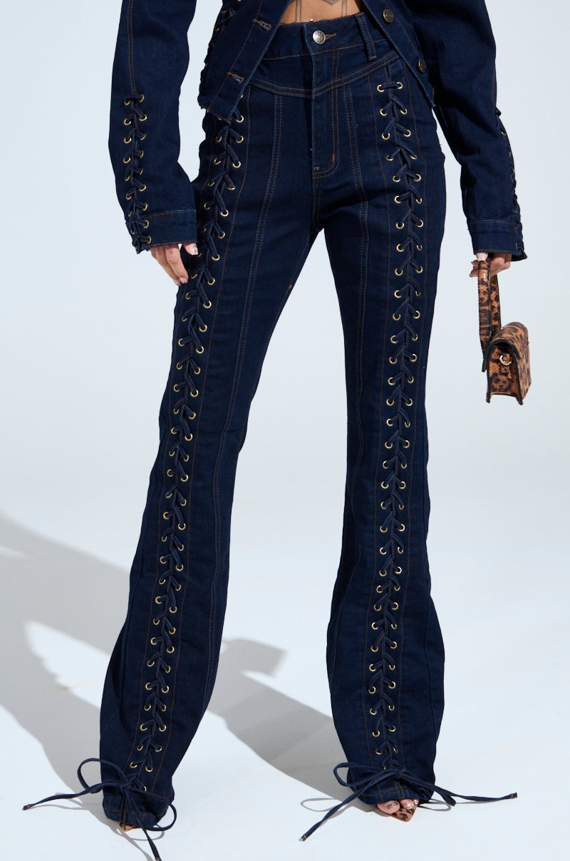 Dark Blue Denim Lace-Up Jacket & Flared Pants Set