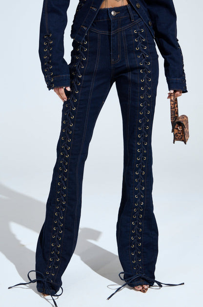 Dark Blue Denim Lace-Up Jacket & Flared Pants Set