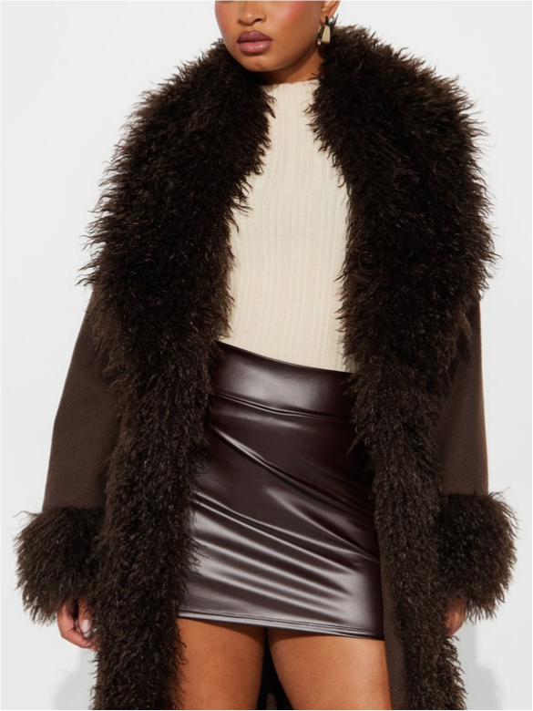 Chocolate Faux Fur Trim Brown Long Coat