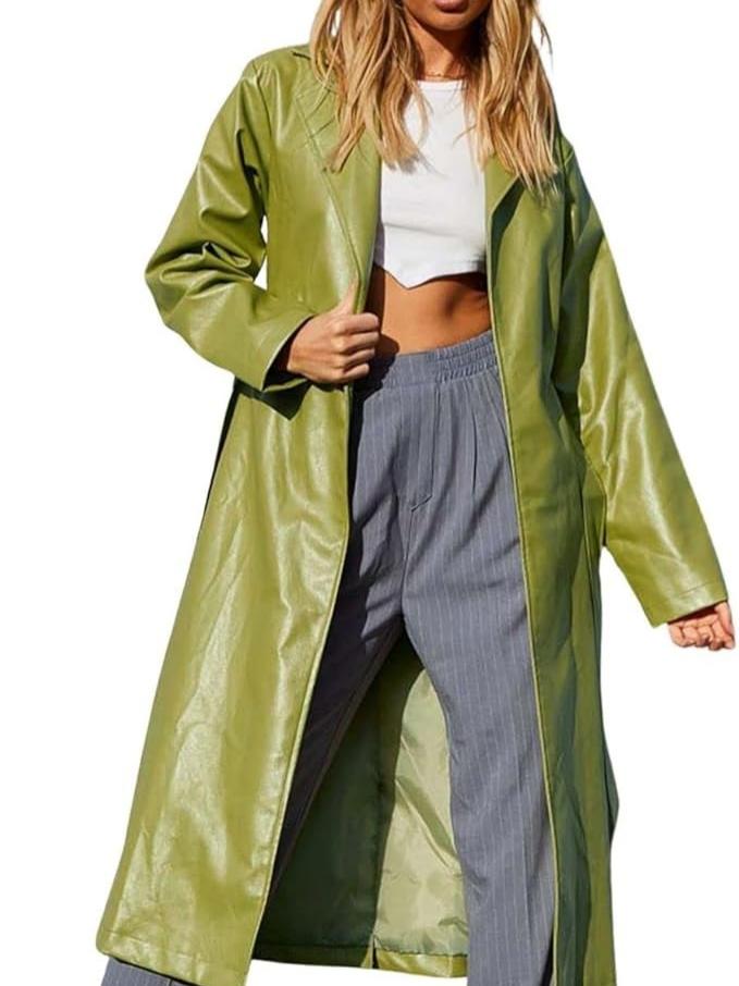 Casual Lapel Open Front Pu Faux Leather Long Trench Coat