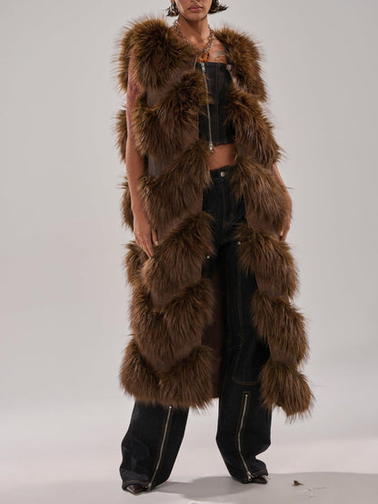 Longline Brown Paneled Fur Vest