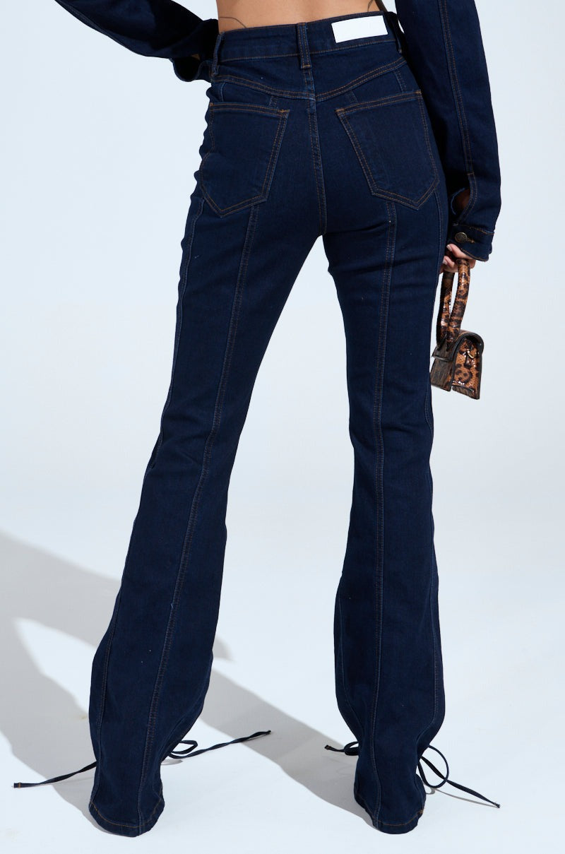 Dark Blue Denim Lace-Up Jacket & Flared Pants Set
