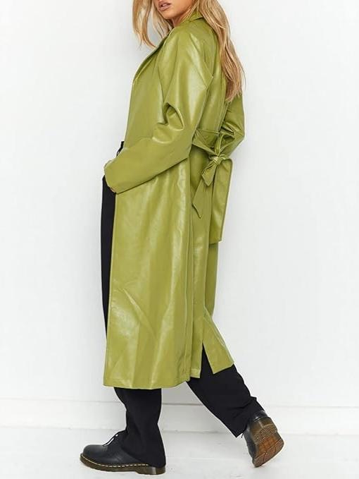 Casual Lapel Open Front Pu Faux Leather Long Trench Coat