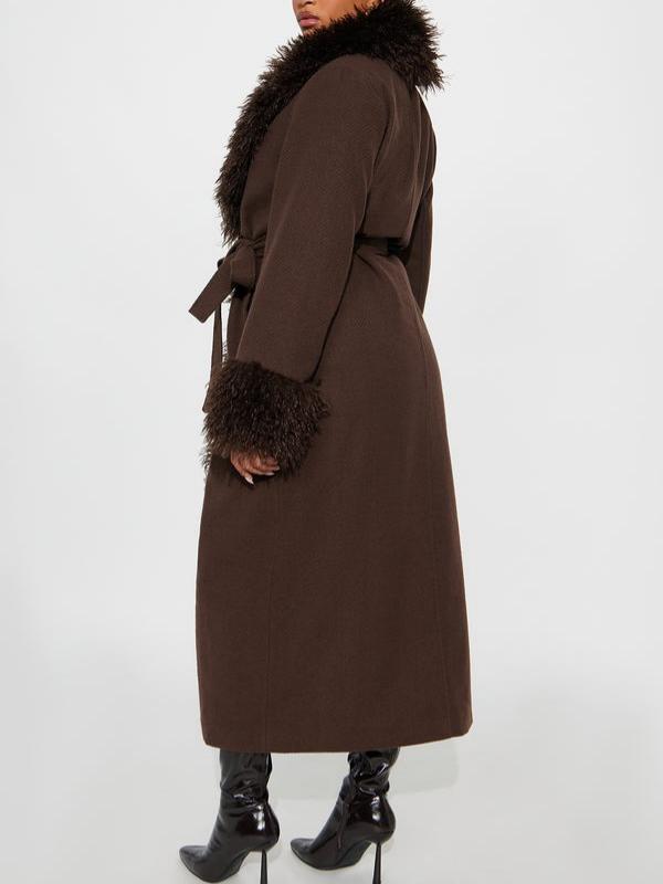 Chocolate Faux Fur Trim Brown Long Coat