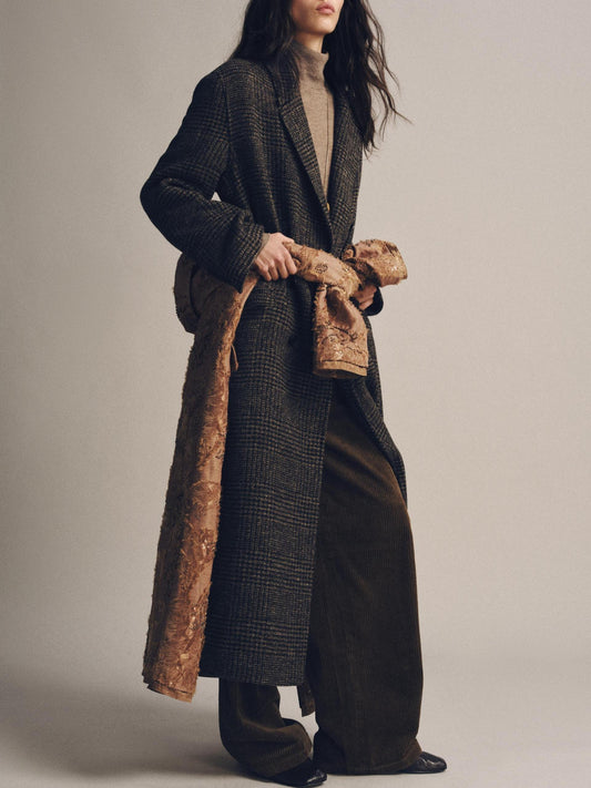 Oversized Brown Houndstooth Wool Blend Coat