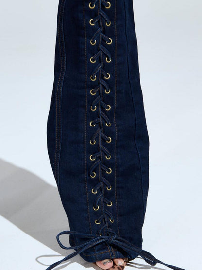 Dark Blue Denim Lace-Up Jacket & Flared Pants Set