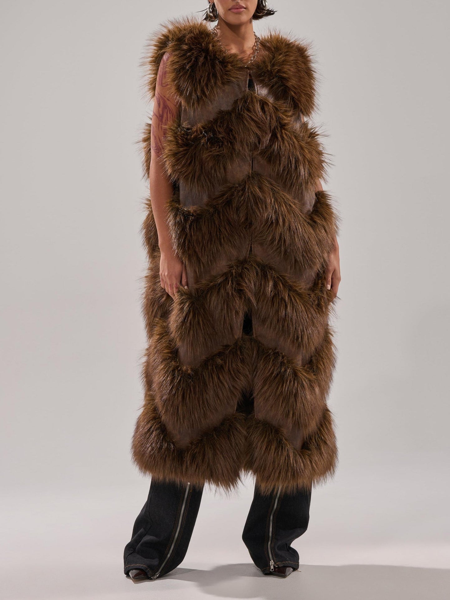 Longline Brown Paneled Fur Vest