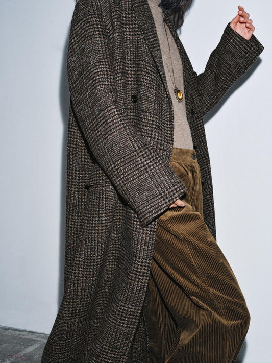 Oversized Brown Houndstooth Wool Blend Coat