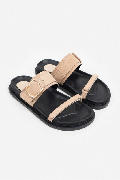 Suede Buckle Detailed Velcro Flat Sole Women's Slippers
