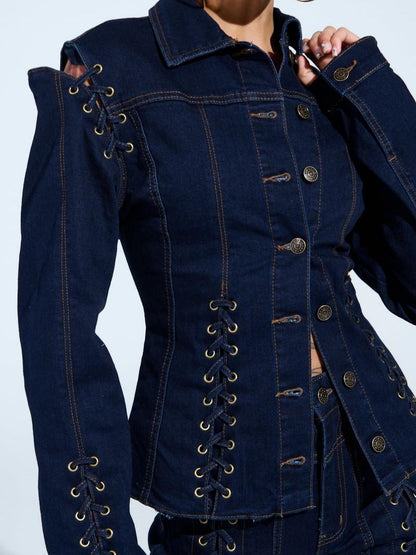 Dark Blue Denim Lace-Up Jacket & Flared Pants Set
