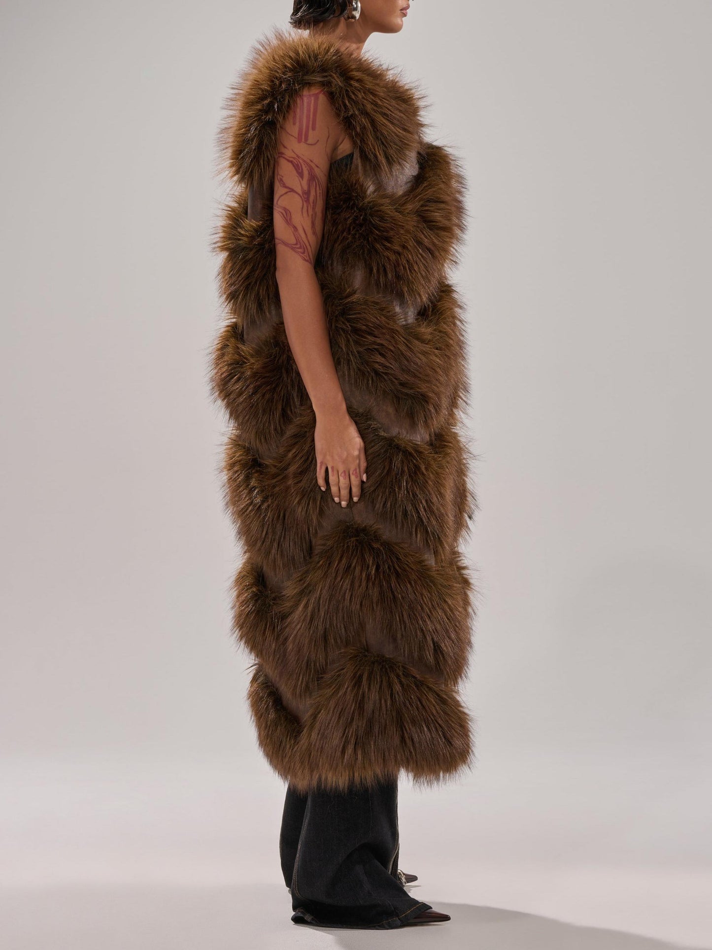 Longline Brown Paneled Fur Vest