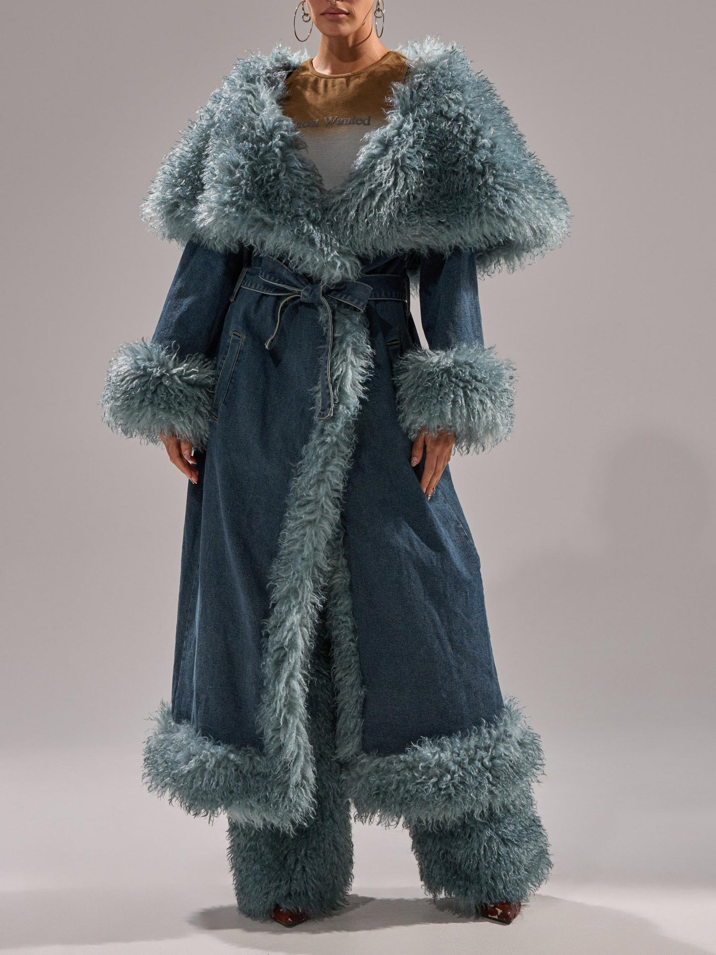 Fur Trim Denim Trench Coat