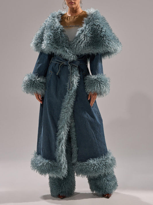 Fur Trim Denim Trench Coat