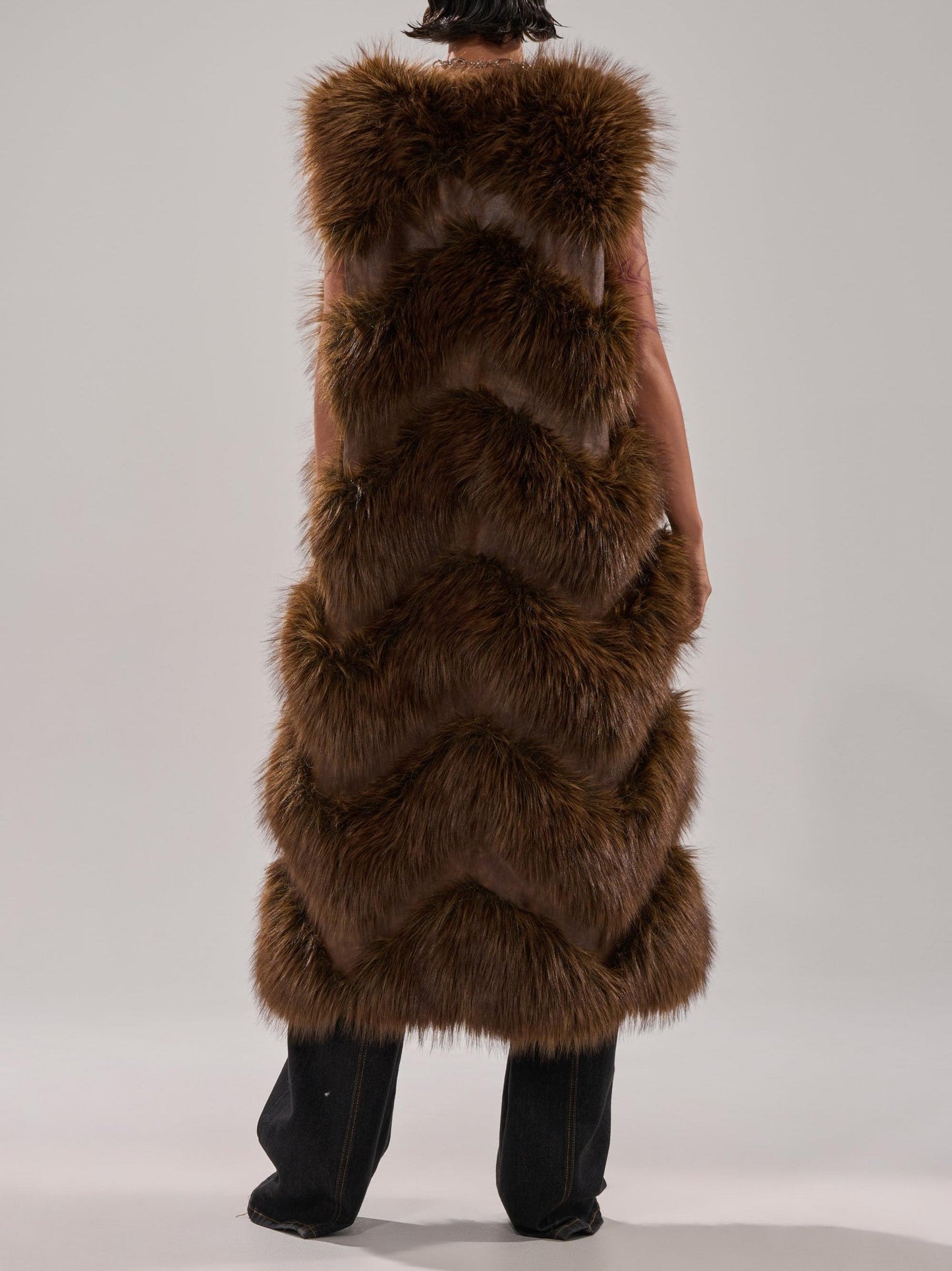 Longline Brown Paneled Fur Vest