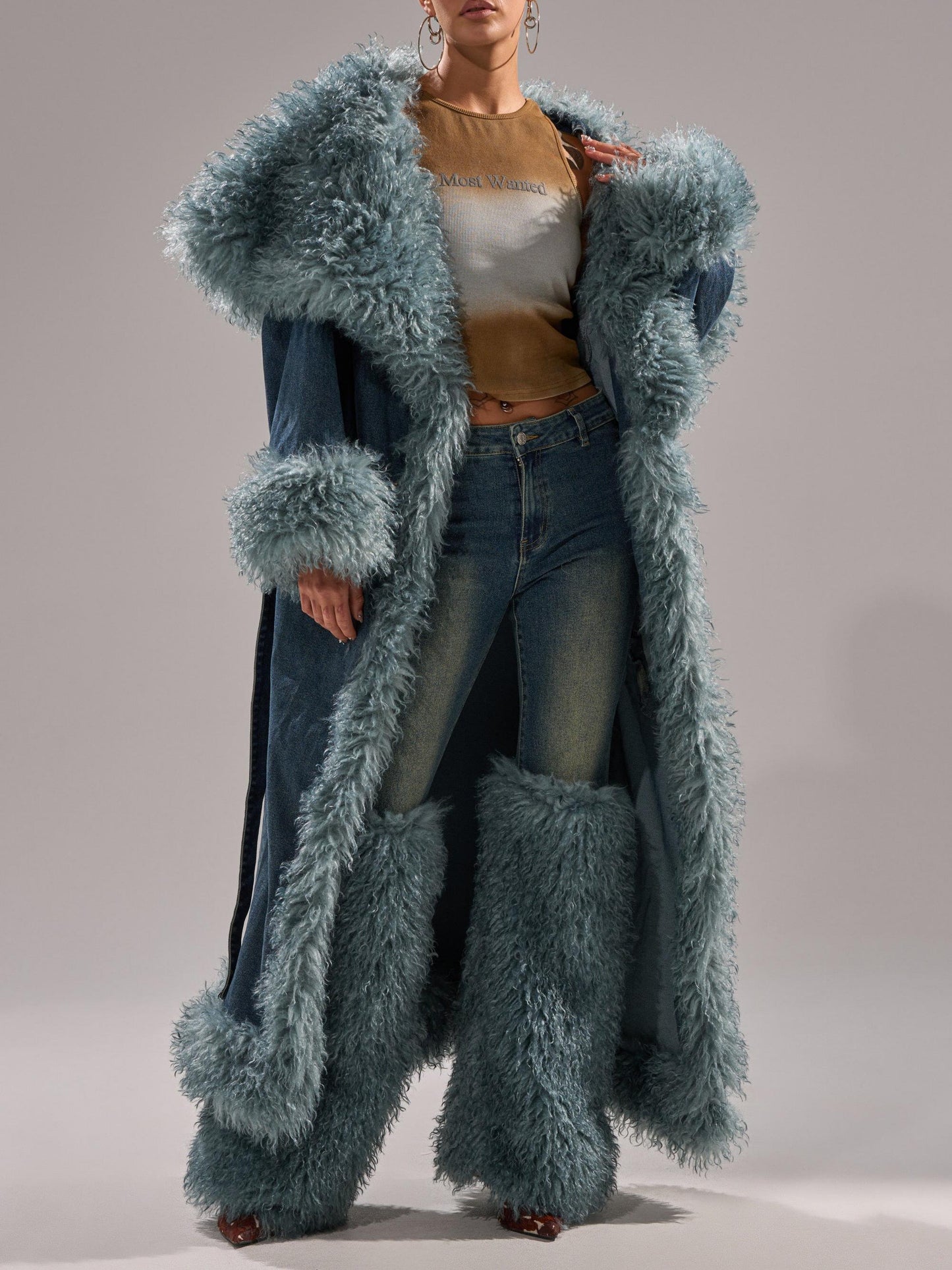 Fur Trim Denim Trench Coat