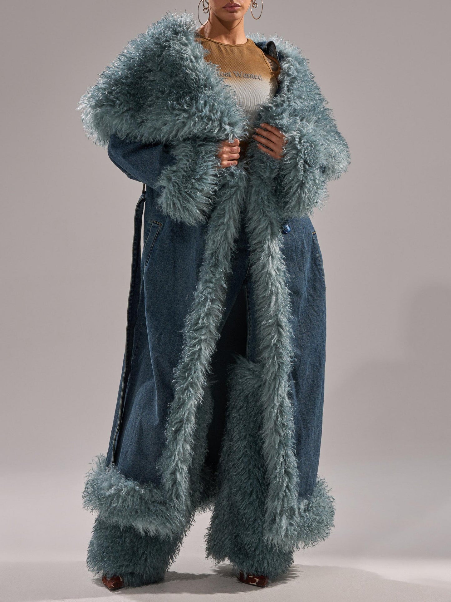 Fur Trim Denim Trench Coat
