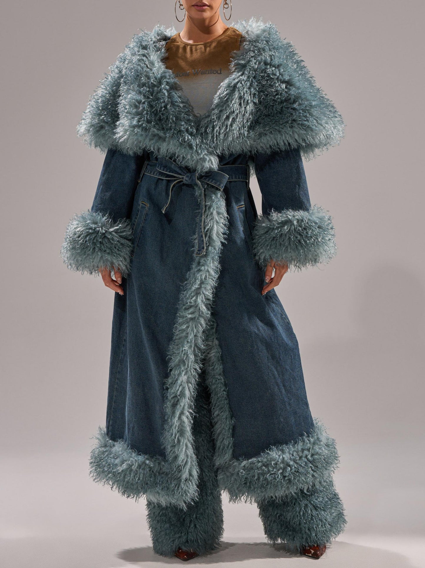 Fur Trim Denim Trench Coat