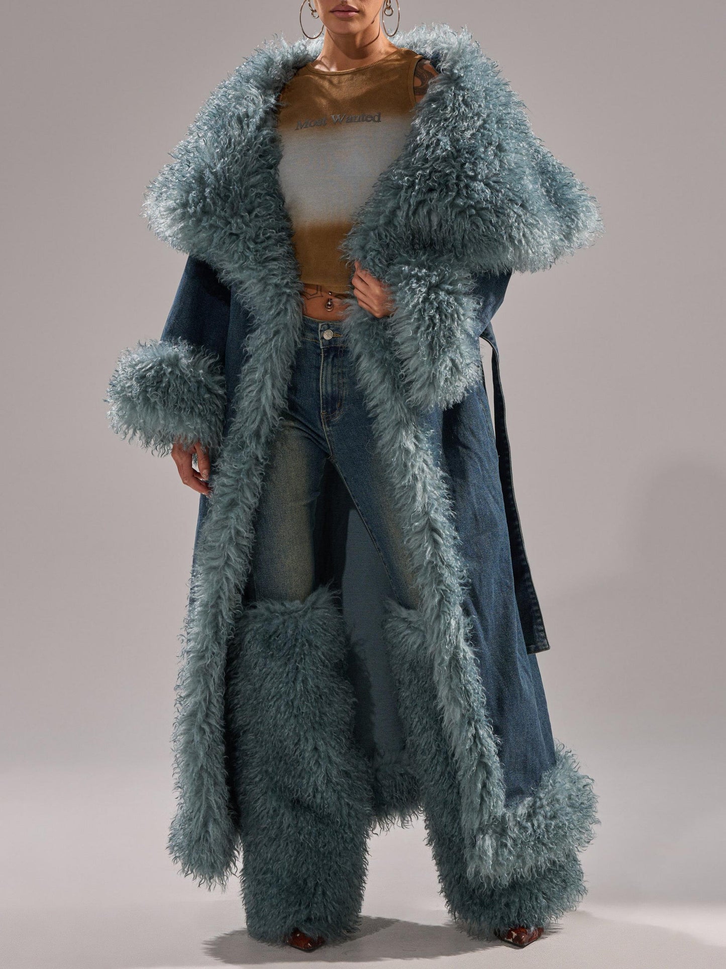 Fur Trim Denim Trench Coat