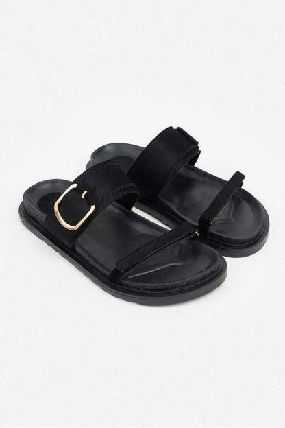 Suede Buckle Detailed Velcro Flat Sole Women's Slippers