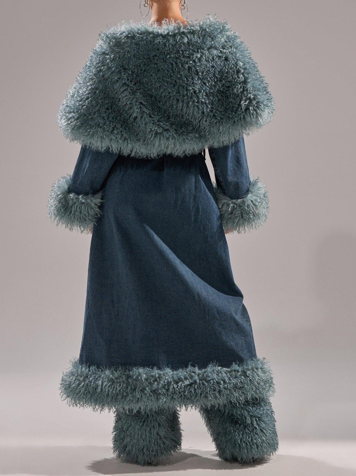 Fur Trim Denim Trench Coat