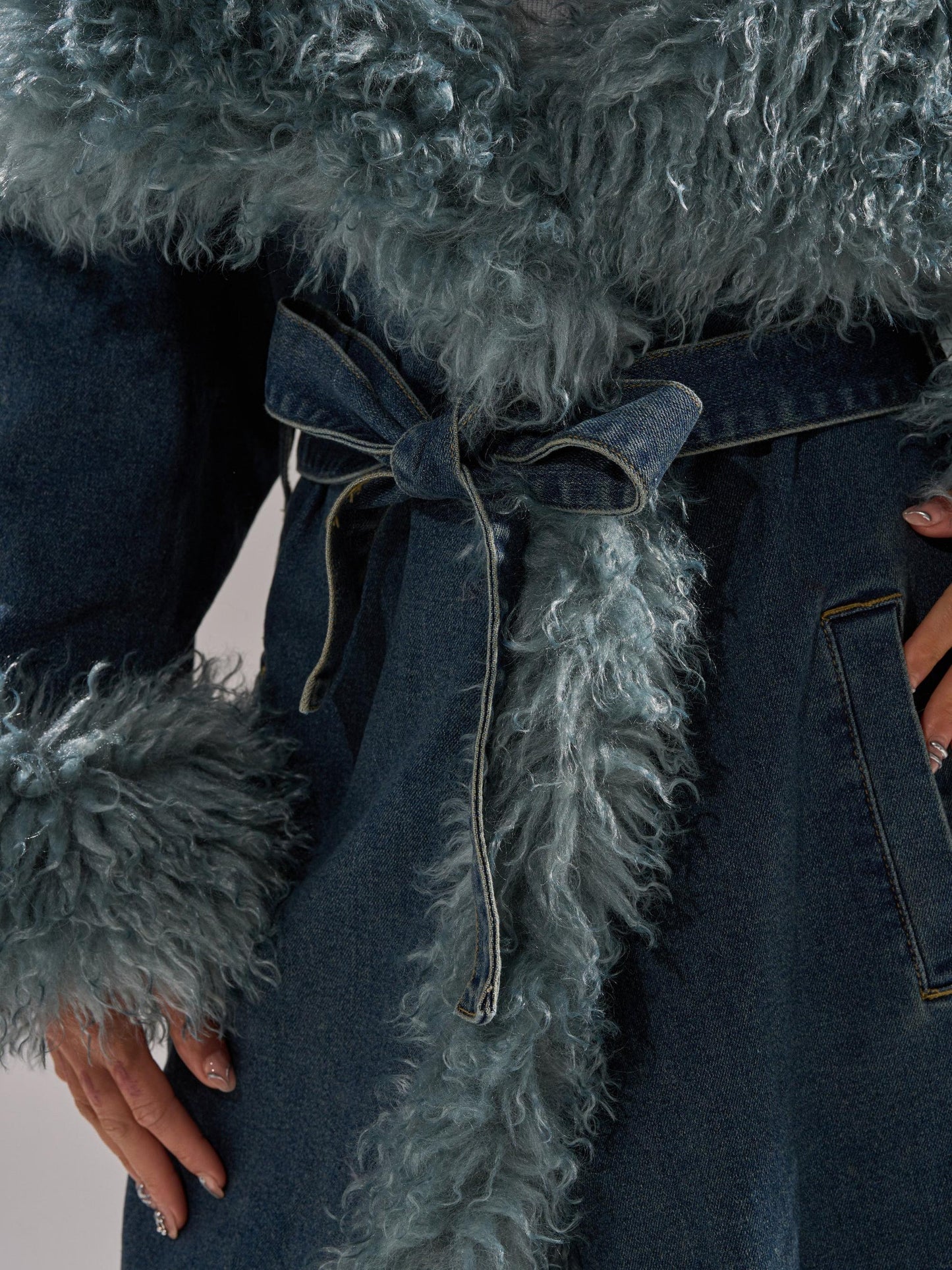Fur Trim Denim Trench Coat