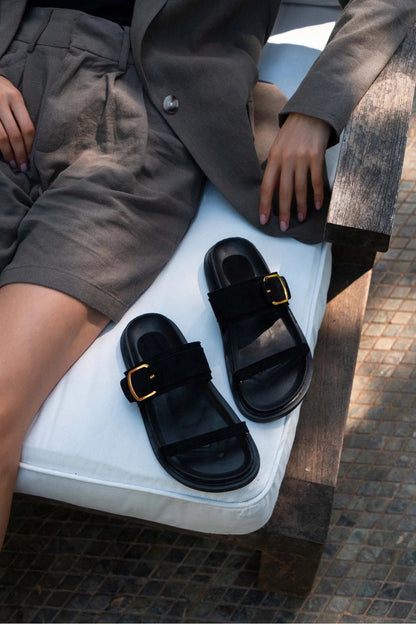 Suede Buckle Detailed Velcro Flat Sole Women's Slippers