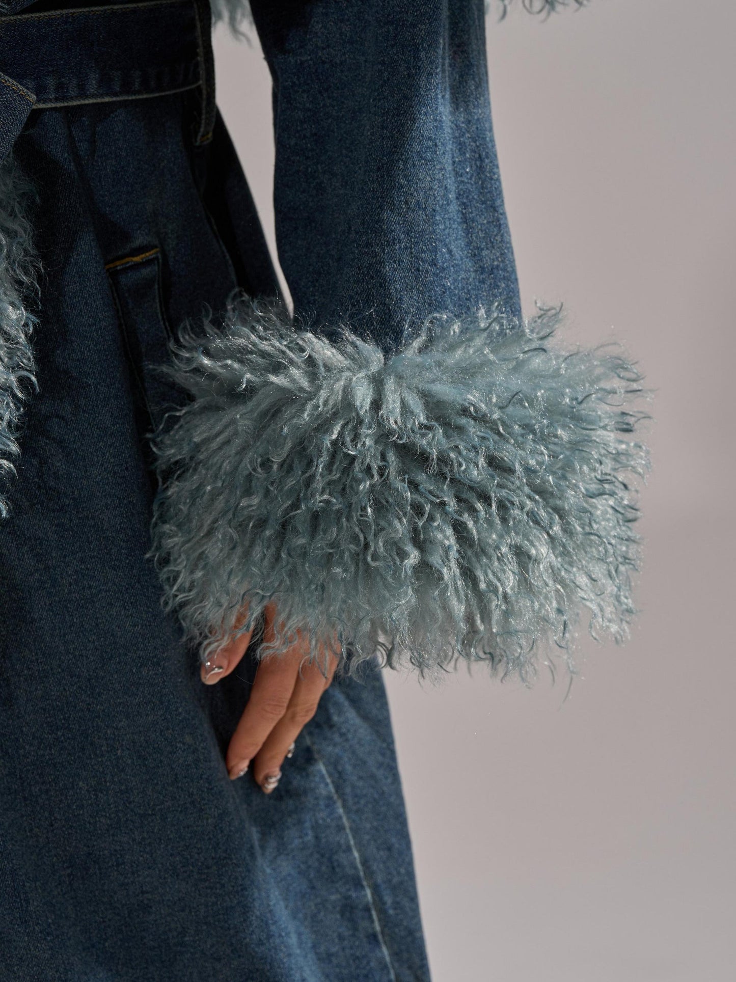 Fur Trim Denim Trench Coat