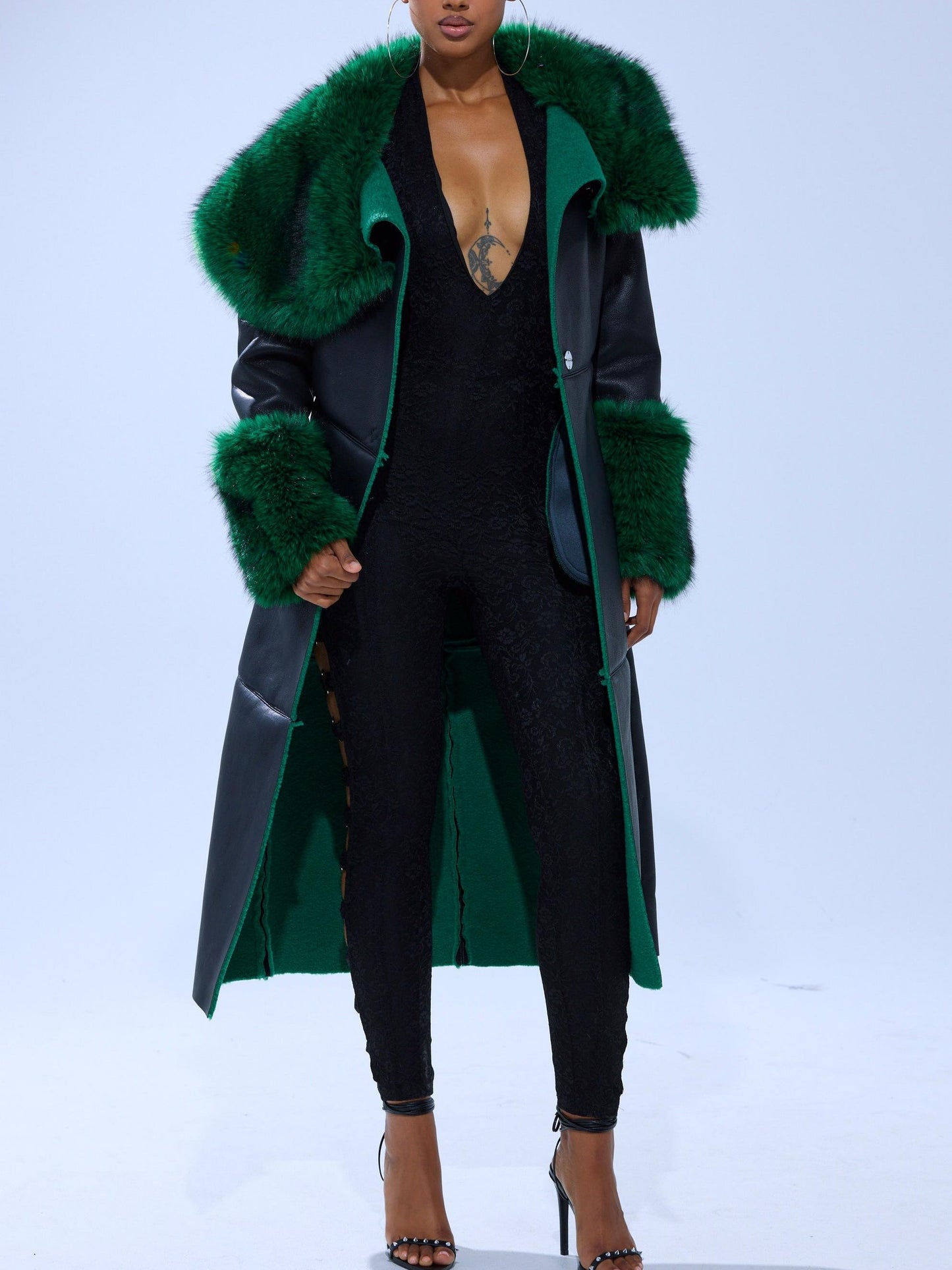 Green Fur Trim Trench Coat