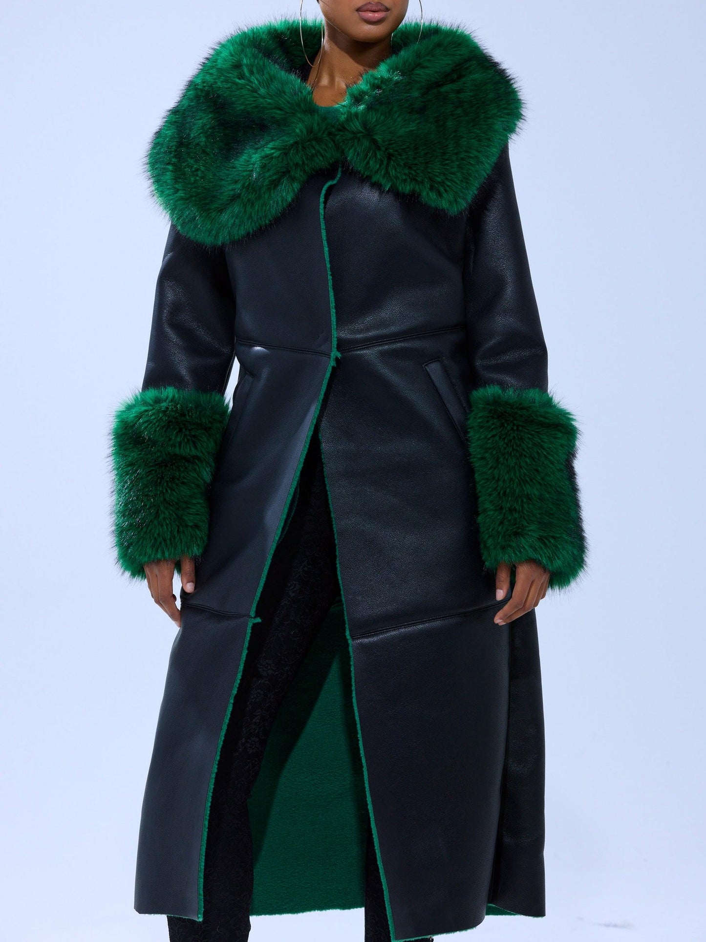 Green Fur Trim Trench Coat