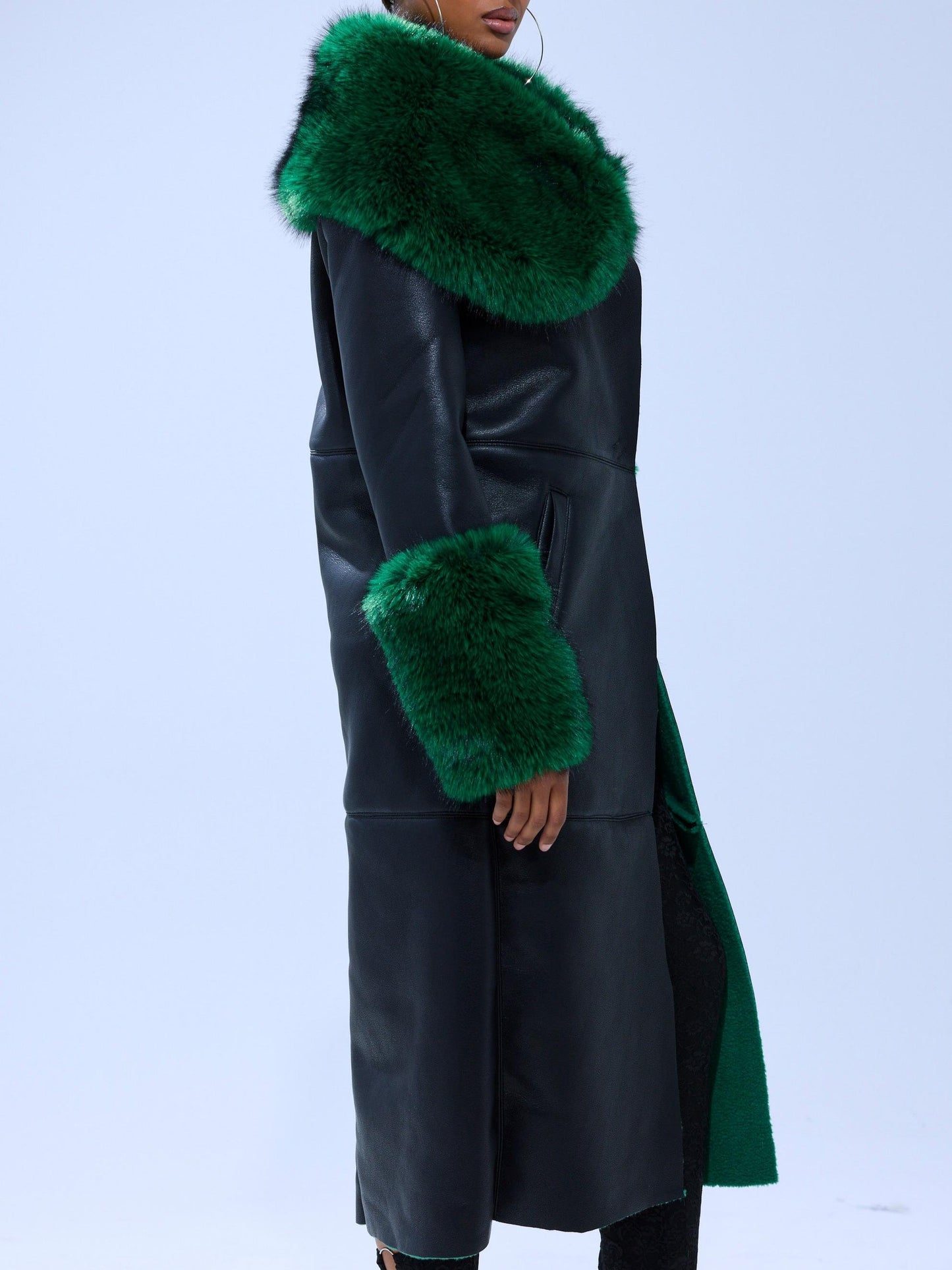 Green Fur Trim Trench Coat