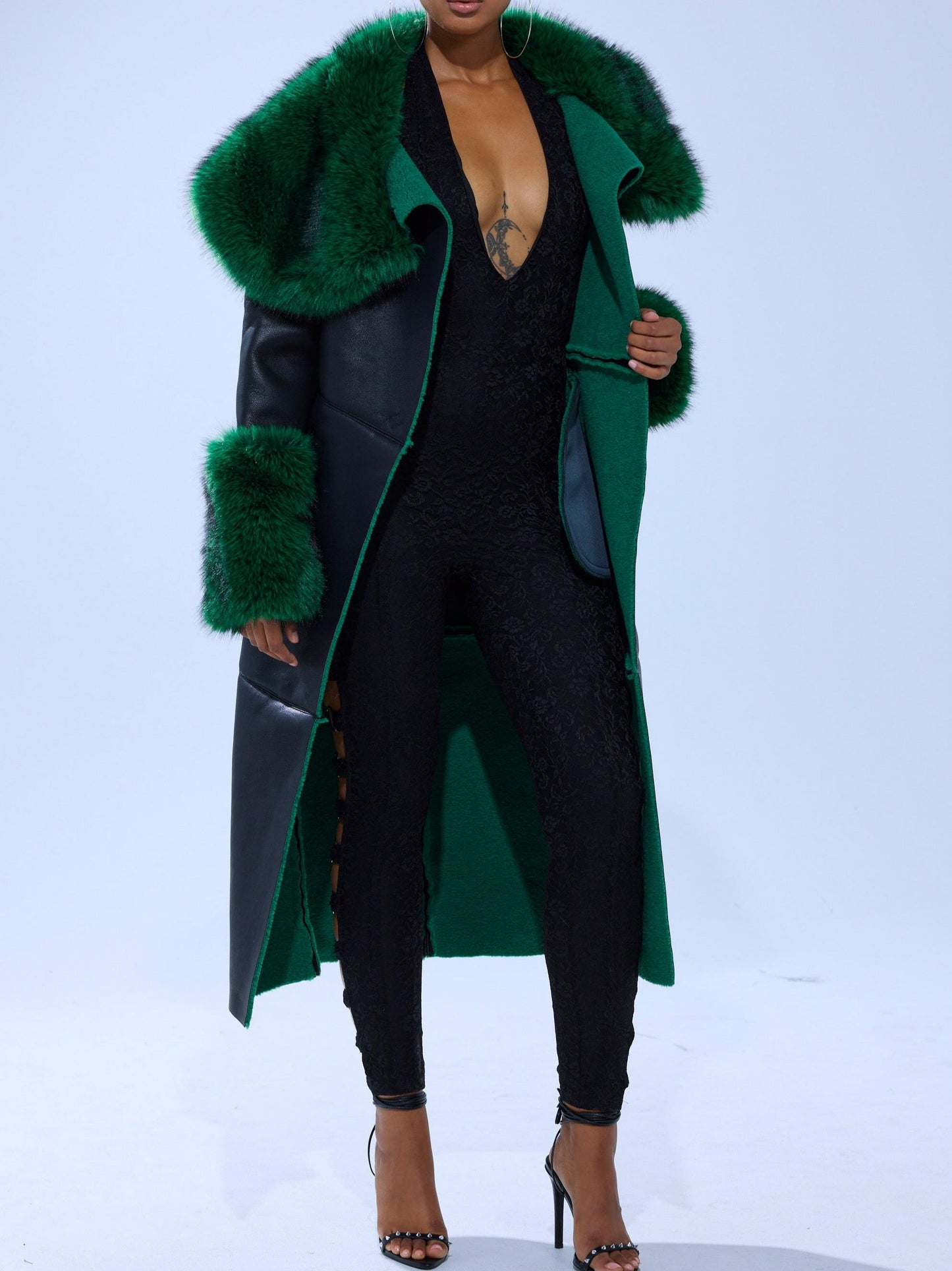 Green Fur Trim Trench Coat