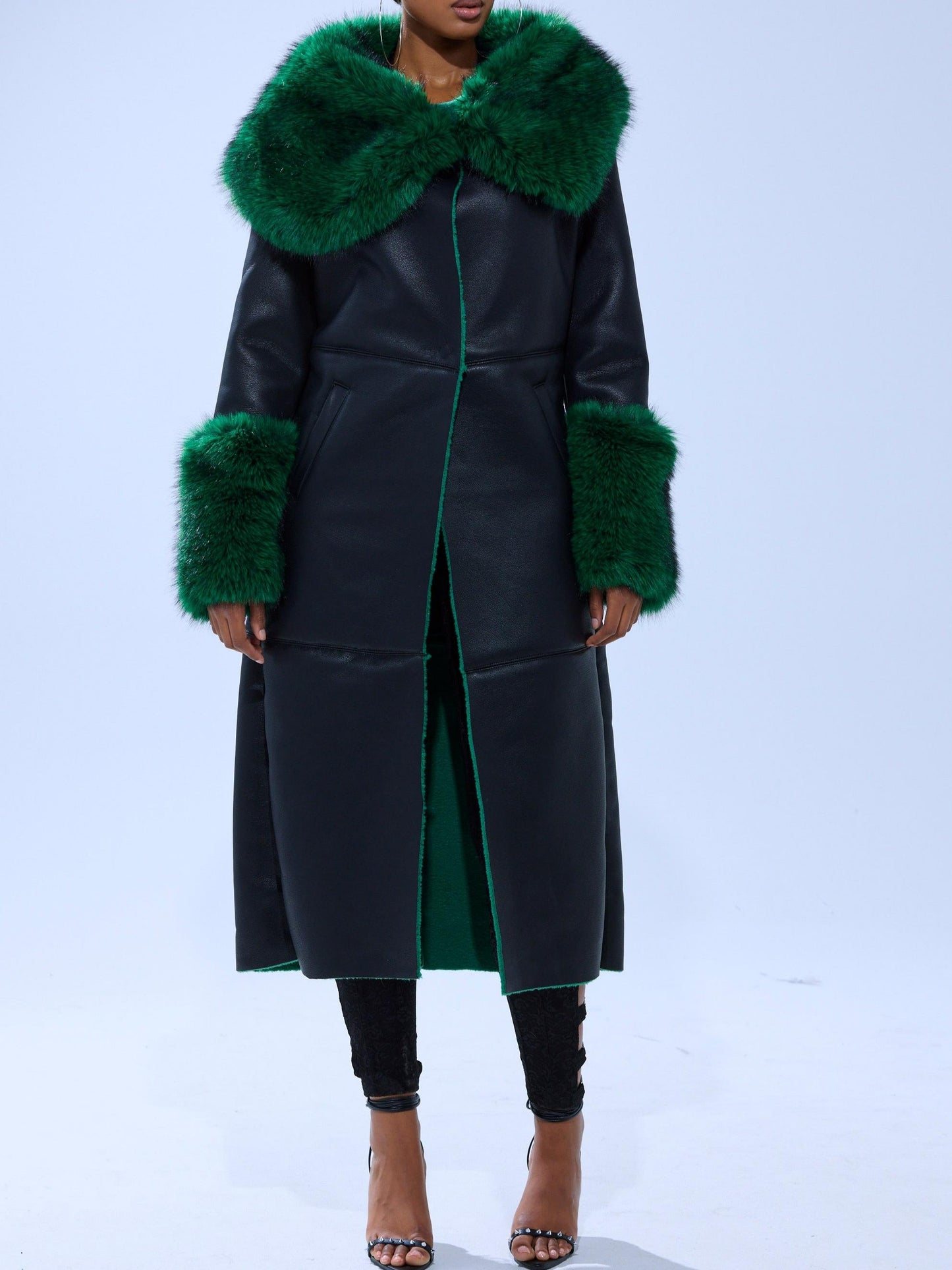 Green Fur Trim Trench Coat