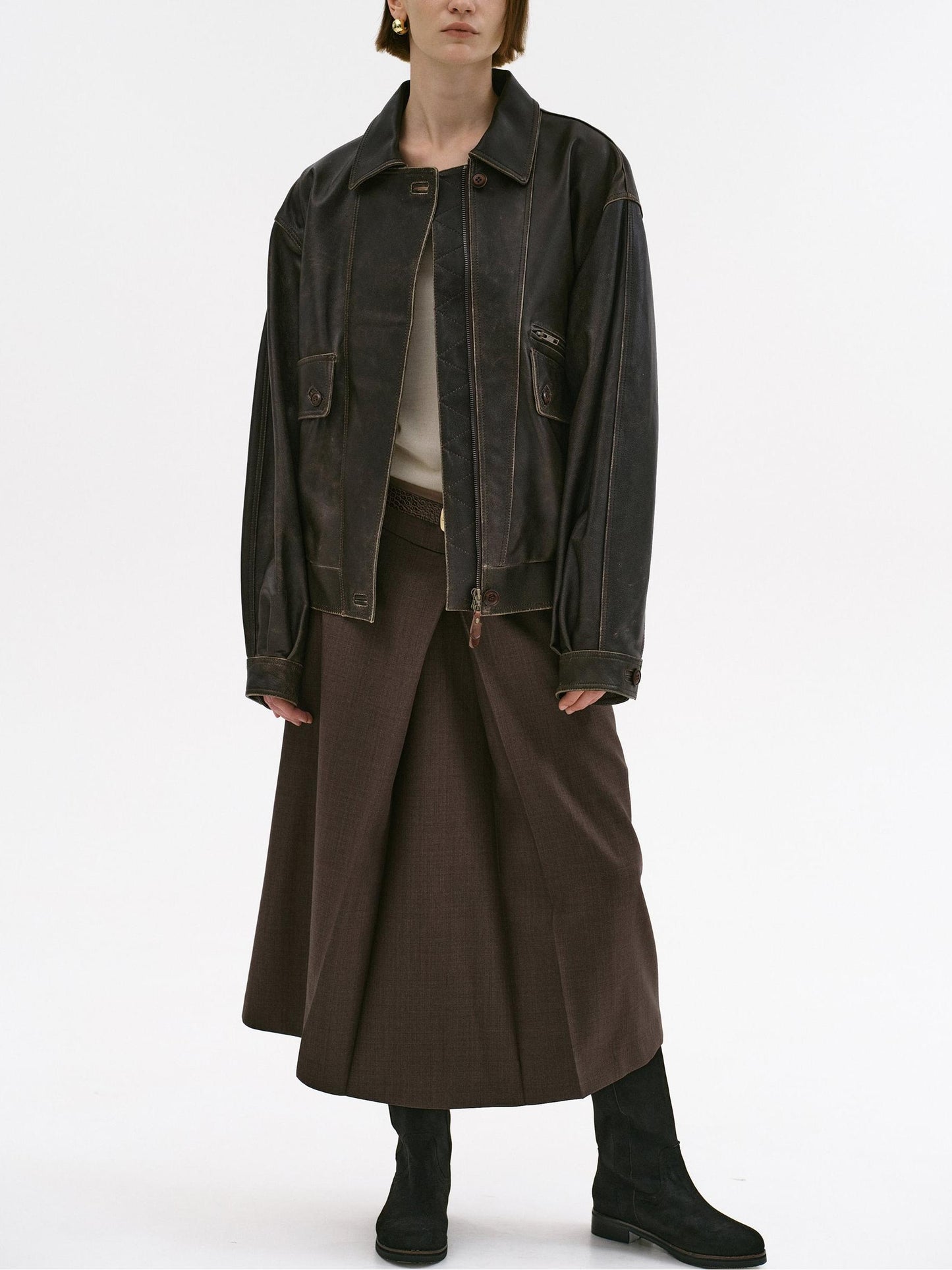 Brown Faded Faux Lambskin Bomber Jacket