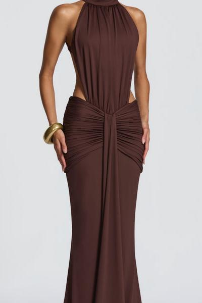 Chocolate Brown Halter Open-Back Ruched Maxi Gown
