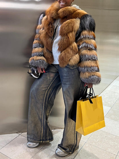 Trendy Fox Fur Bomber Coat