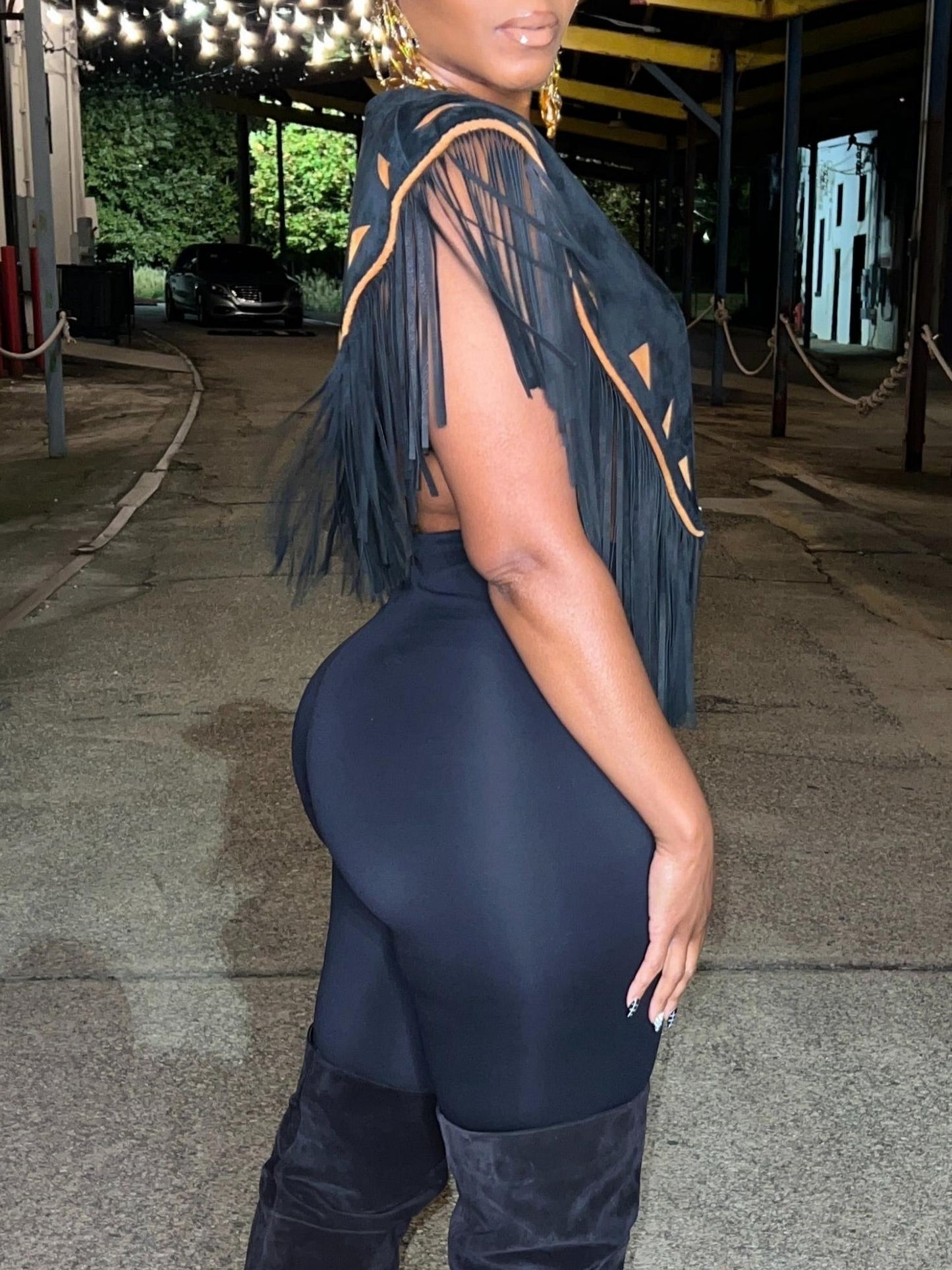 Black Fringe Suede Crop Top with Triangle Accents