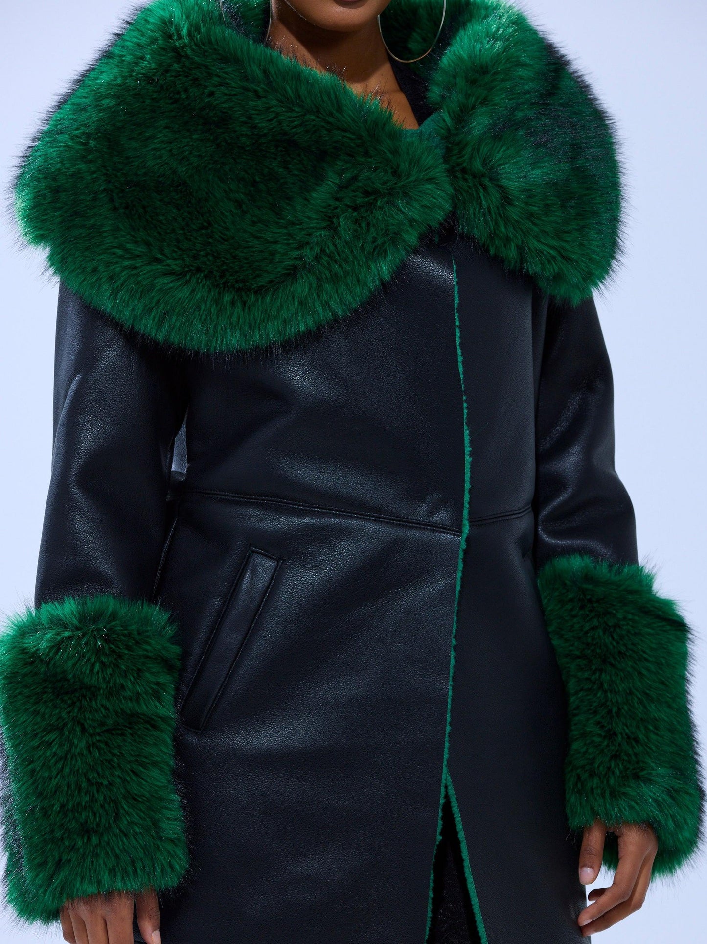 Green Fur Trim Trench Coat