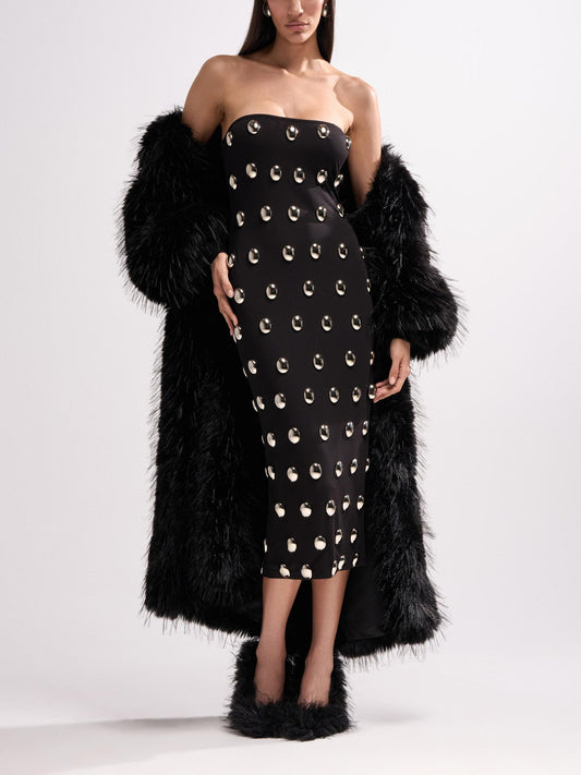 Strapless Silver Studs Black Midi Dress