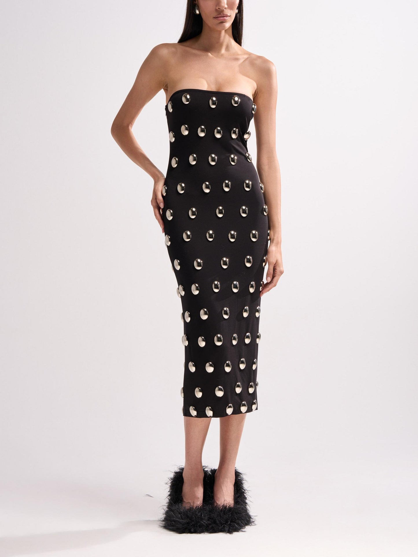 Strapless Silver Studs Black Midi Dress