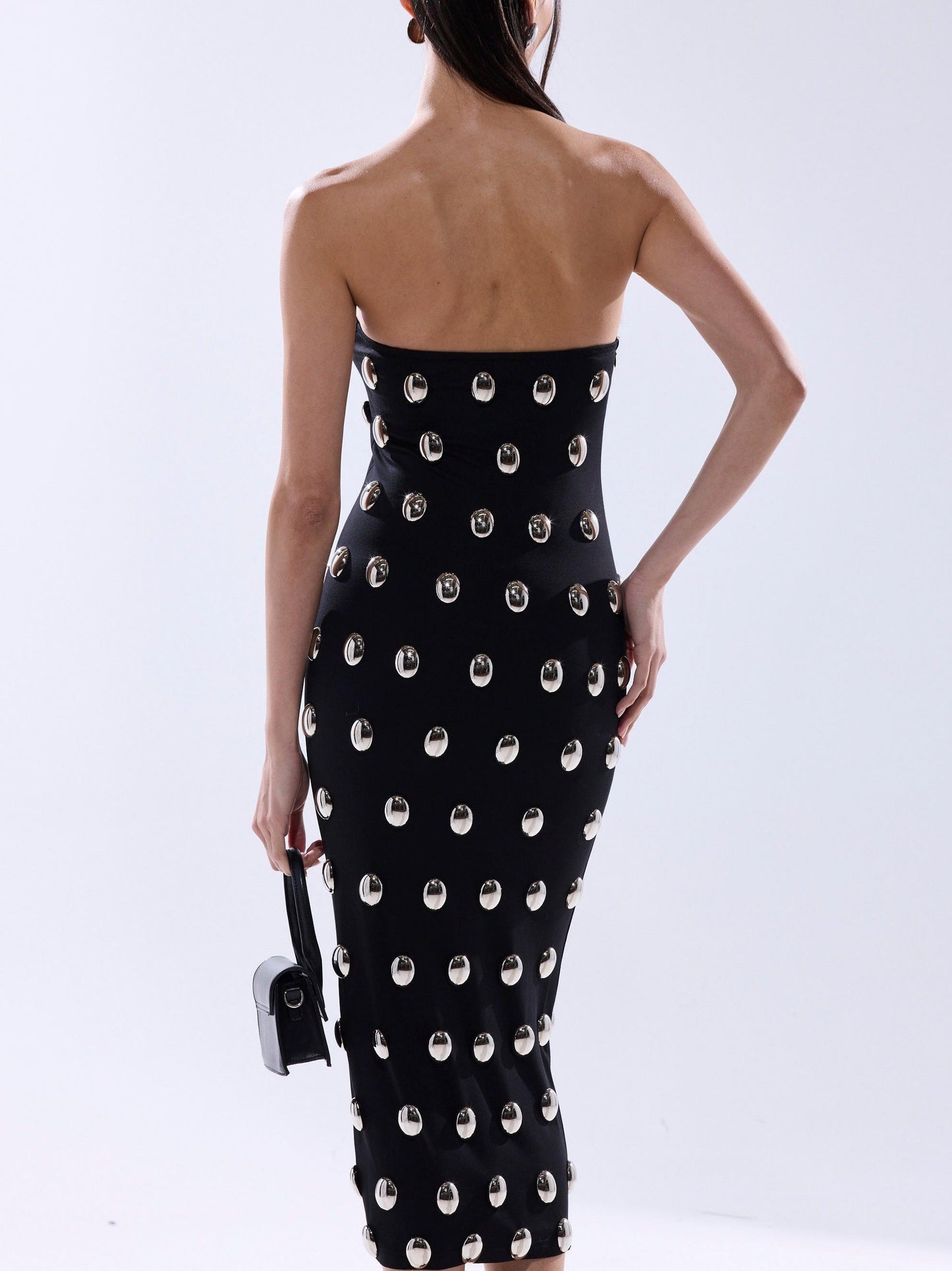 Strapless Silver Studs Black Midi Dress