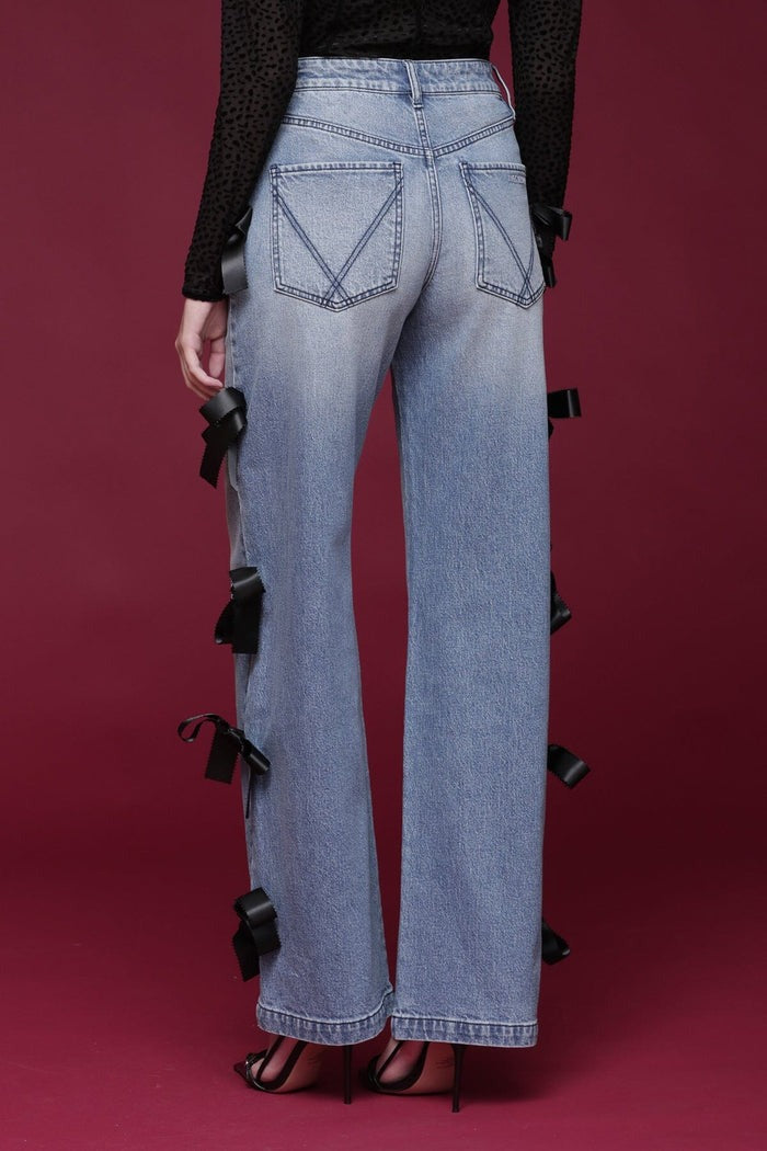 Black Bow Blue Wide Leg Jeans