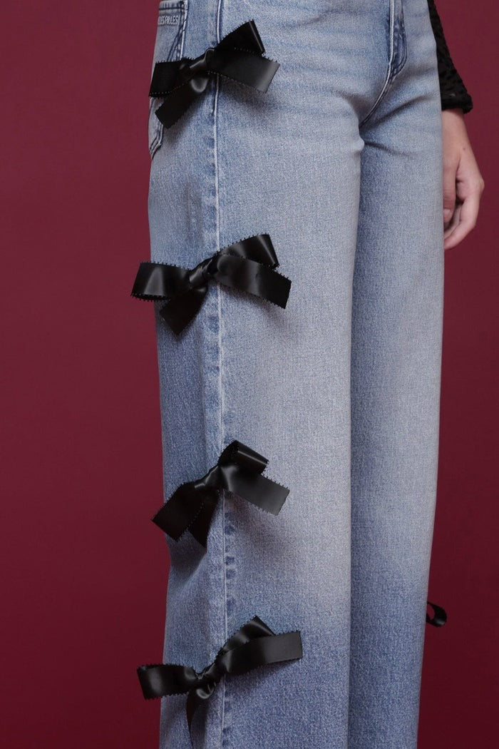 Black Bow Blue Wide Leg Jeans