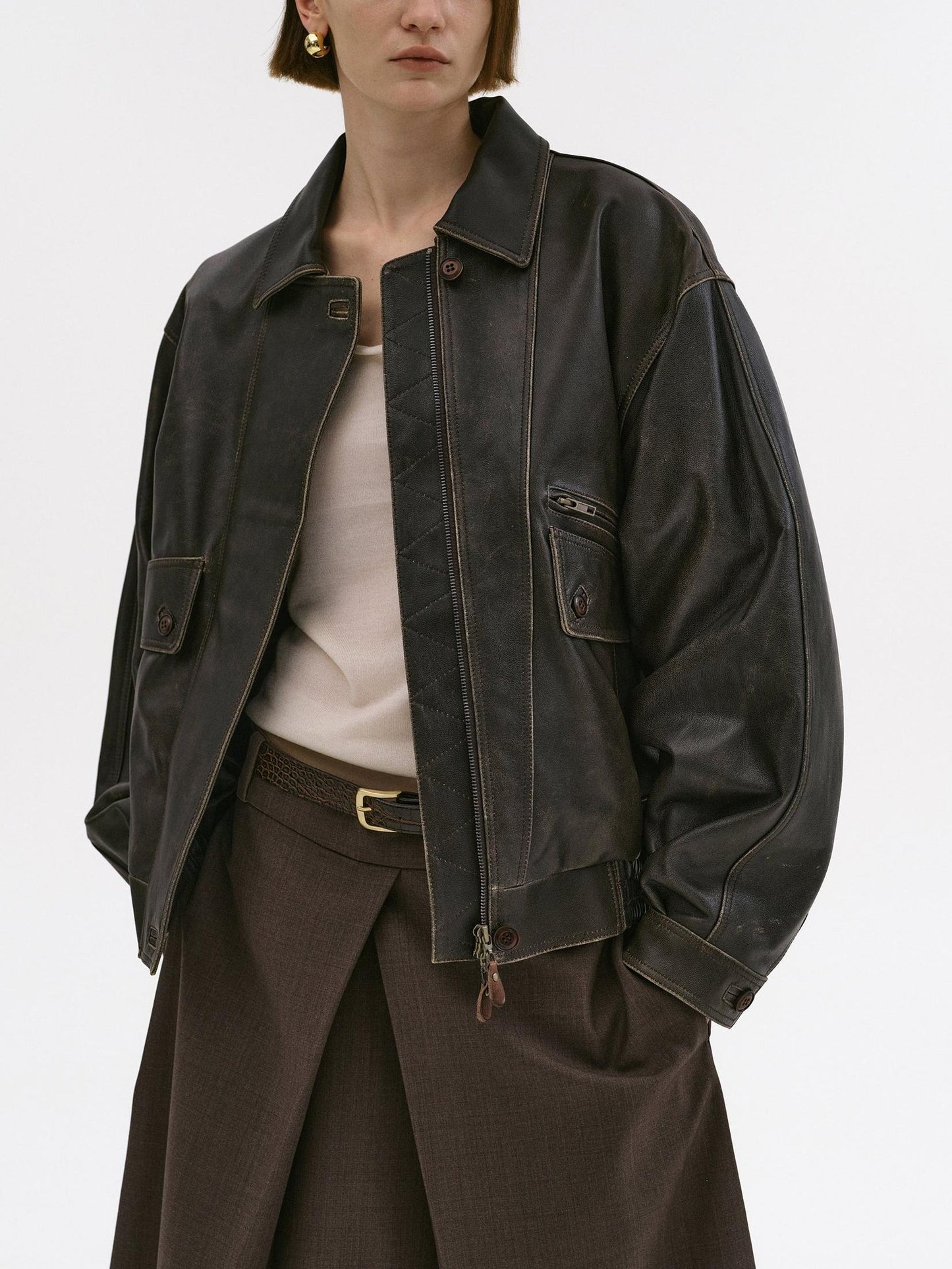Brown Faded Faux Lambskin Bomber Jacket