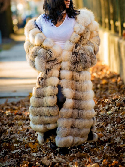 Full Length Fox Fur Trench Coat With Hood