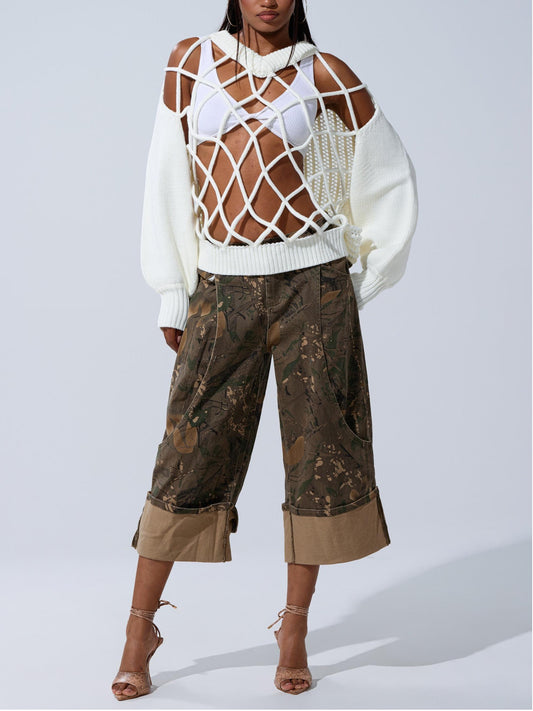 Vintage-Inspired Camouflage Wide-Leg Cropped Pants