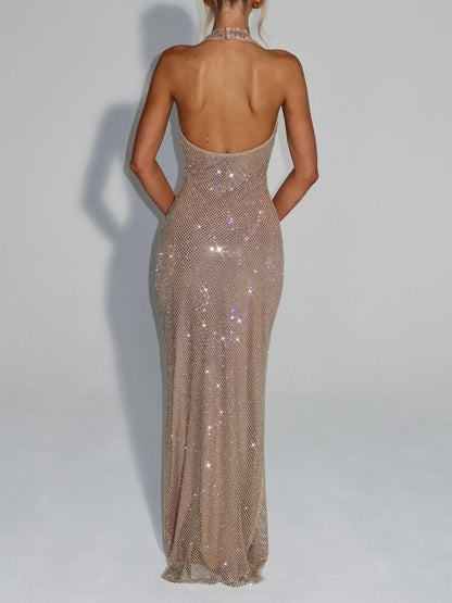 Champagne Gold Full Rhinestone Deep V Backless Bodycon Maxi Gown